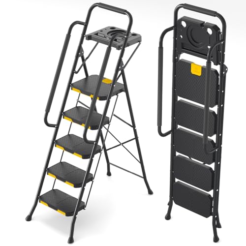 Kingrack Escabeau 5 Marches Pliable avec Plateau à Outils, Noir