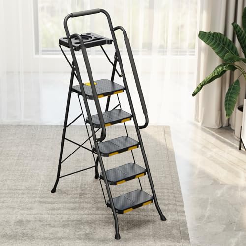 Kingrack Escabeau 5 Marches Pliable avec Plateau à Outils, Noir