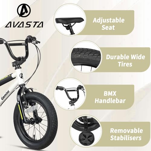 Avasta Vélo Enfant BMX 12 pouces avec Roues de support, Blanc
