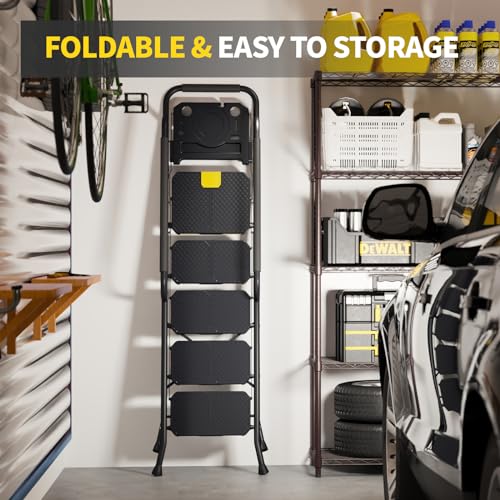 Kingrack Escabeau 5 Marches Pliable avec Plateau à Outils, Noir