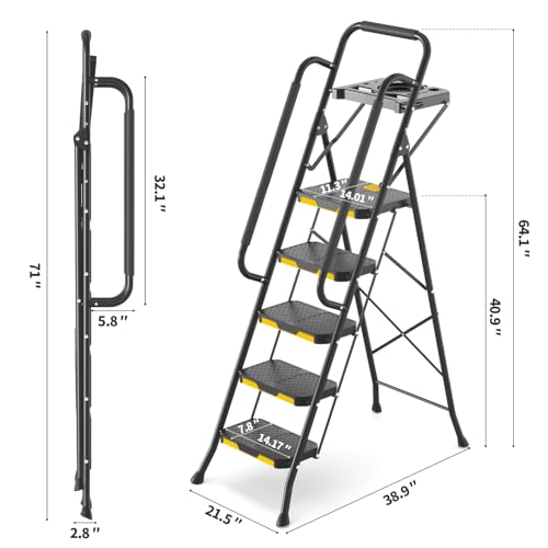 Kingrack Escabeau 5 Marches Pliable avec Plateau à Outils, Noir