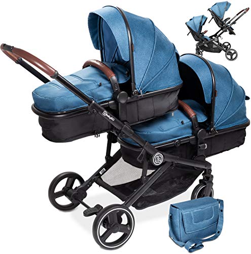 BabyGo Poussette 3-en-1 pour Jumeaux/Fratrie, Bleu