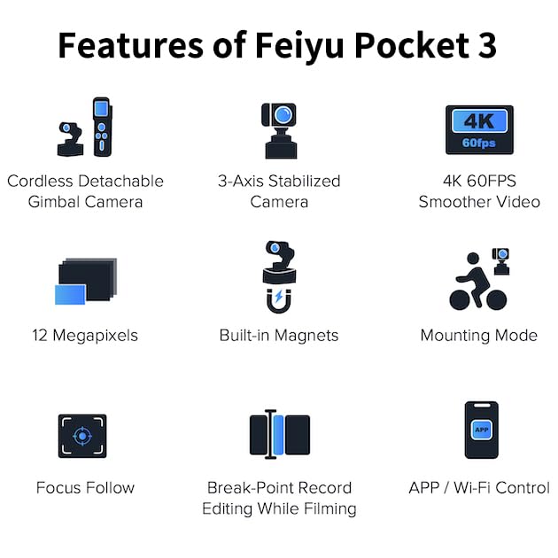 Feiyu Pocket 3 Caméra Sport 4K, 3 Axes