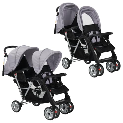 VidaXL Poussette Double Pliable pour Enfants, Gris et Noir