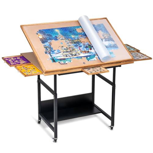 Becko Table de Puzzle Inclinable avec 4 Tiroirs et Roues