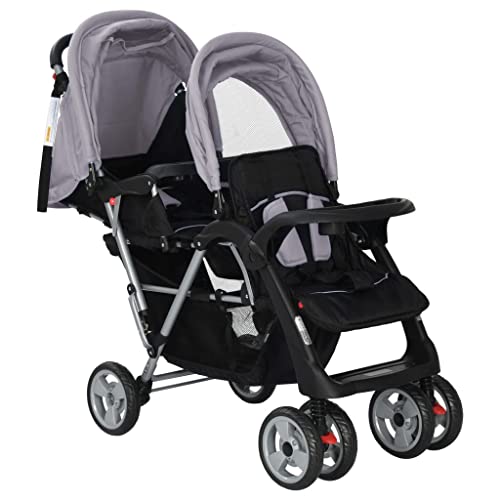 VidaXL Poussette Double Pliable pour Enfants, Gris et Noir