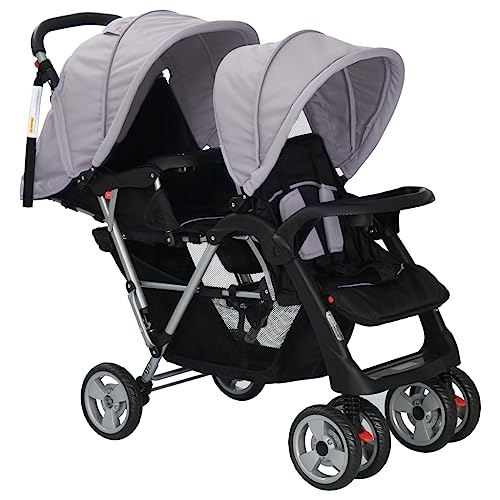VidaXL Poussette Double Pliable pour Enfants, Gris et Noir